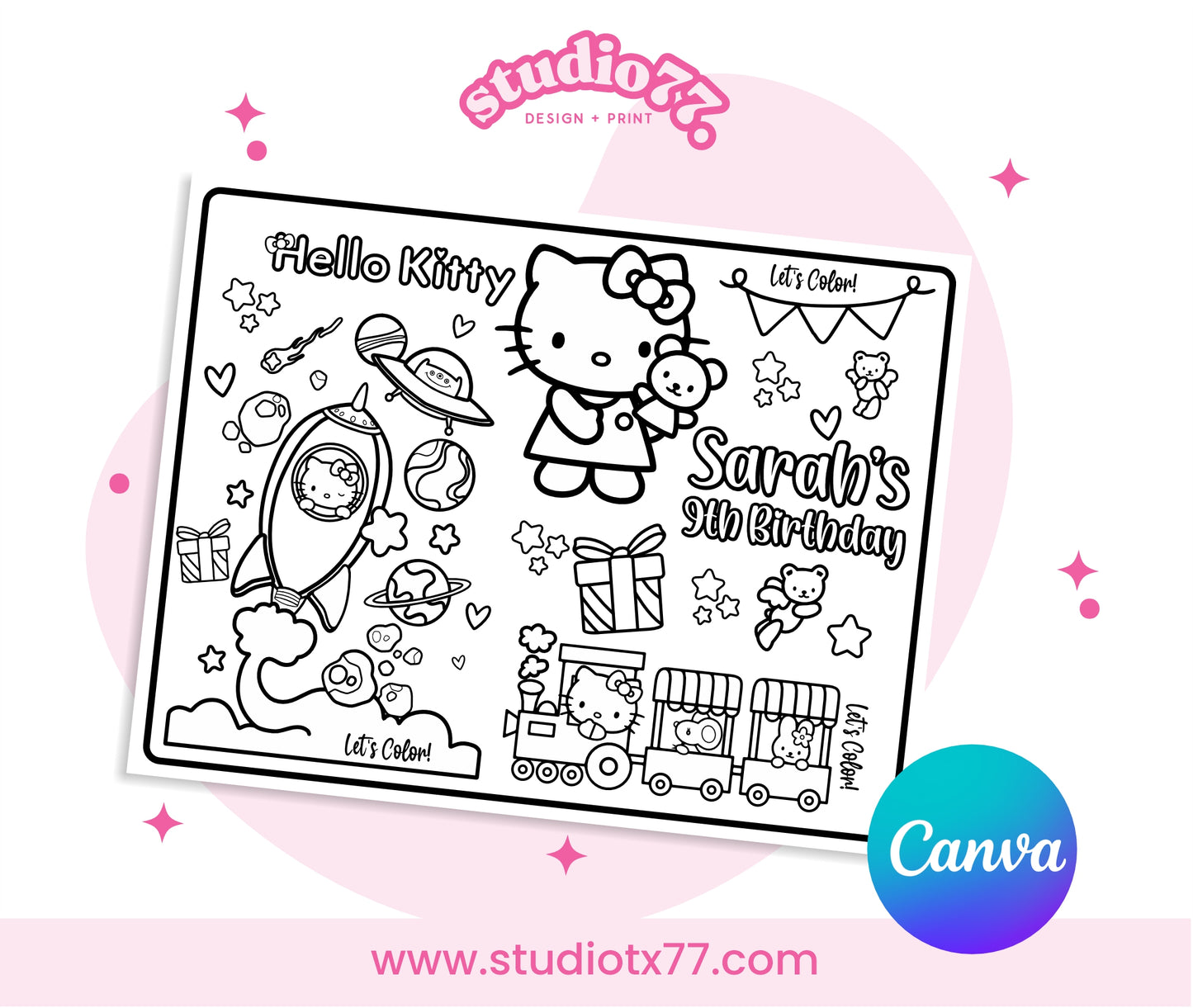 Kawaii Hello Kitty Placemat Activity Coloring Page, Birthday Game, Party Printable Digital, Kitty Cute Coloring Pages