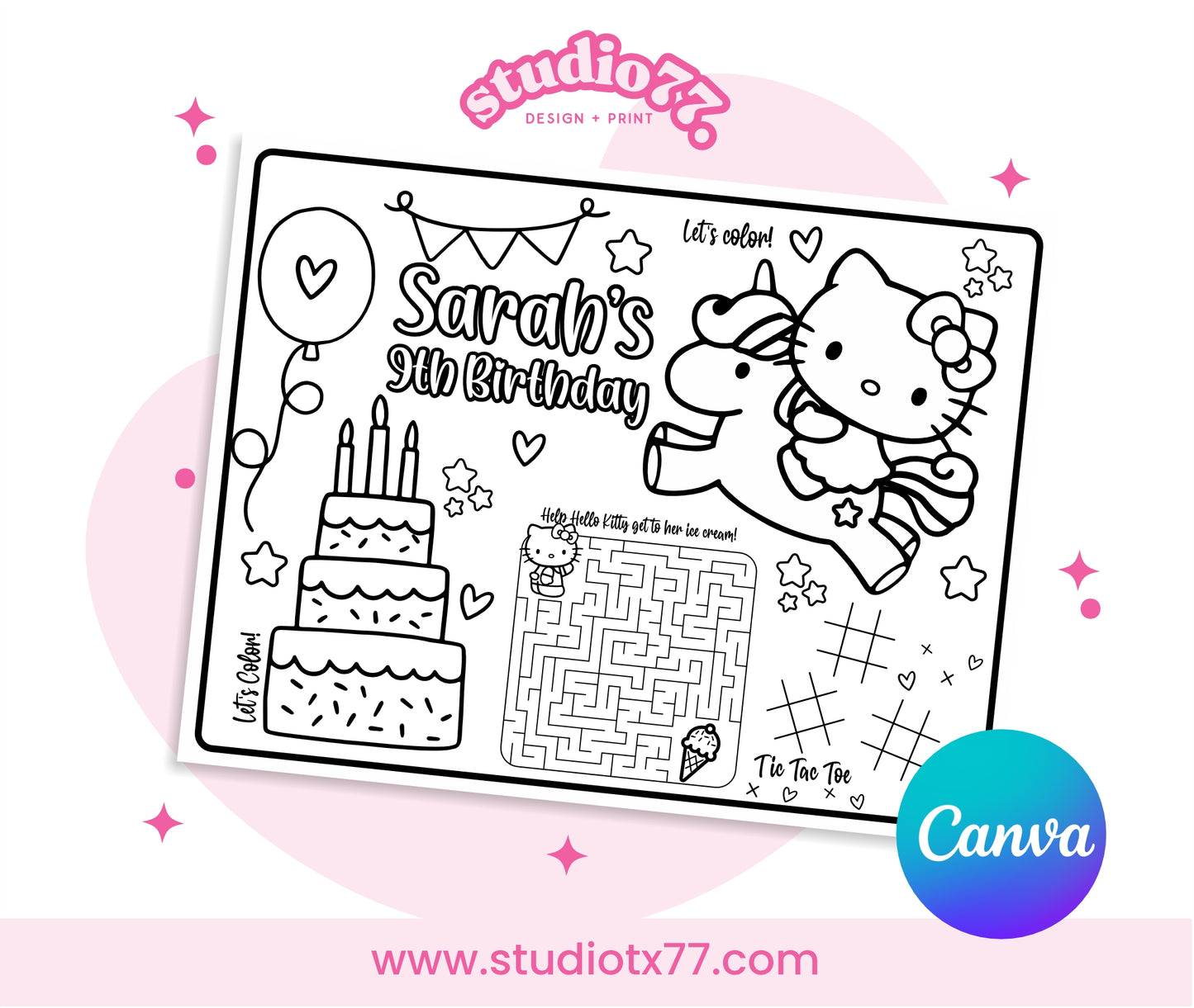 Kawai Hello Kitty Placemat Activity Coloring Page, Birthday Game, Party Printable Digital, Kitty Cute Coloring Pages