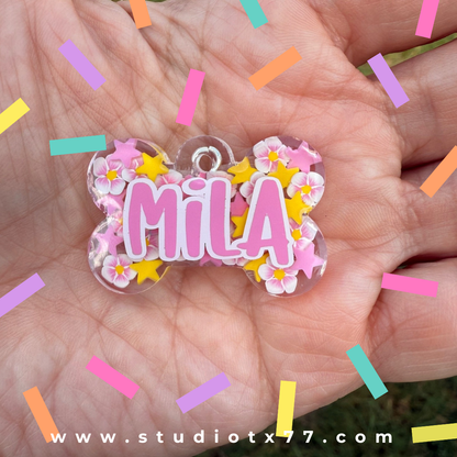Custom Pet Tag: Handmade Resin Dog ID Tag, Personalized Name & Number FLOWERS and STARS