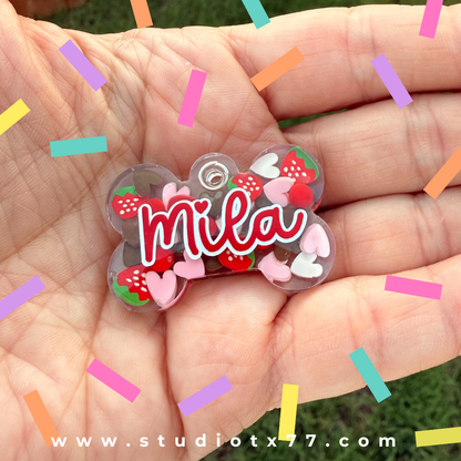 Custom Pet Tag: Handmade Resin Dog ID Tag, Personalized Name & Number COCOA STRAWBERRIES