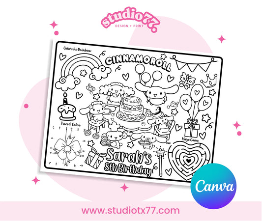 Kawaii Cinnamon - Rol Placemat Activity Coloring Page, Birthday Game, Party Printable Digital, Cinnamon Cute Coloring Pages