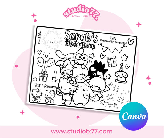Kawaii Hello Kitty & Friends Placemat Activity Coloring Page, Birthday Game, Party Printable Digital, Kitty Cute Coloring Pages