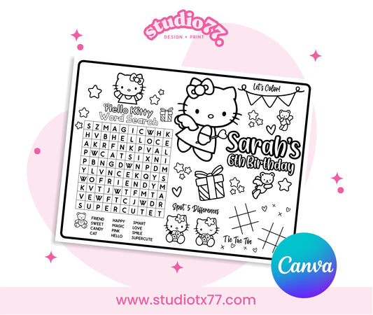 Kawaii Hello Kitty Placemat Activity Coloring Page, Birthday Game, Party Printable Digital, Kitty Cute Coloring Pages