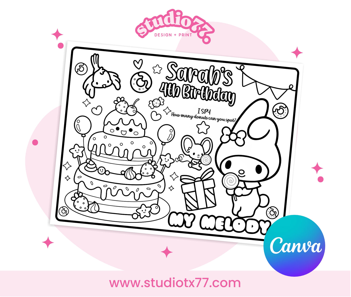Kawaii My Melody Placemat Activity Coloring Page, Birthday Game, Party Printable Digital, melody Cute Coloring Pages