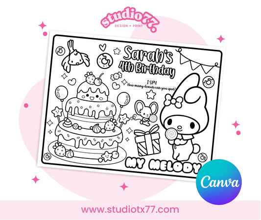 Kawaii My Melody Placemat Activity Coloring Page, Birthday Game, Party Printable Digital, melody Cute Coloring Pages