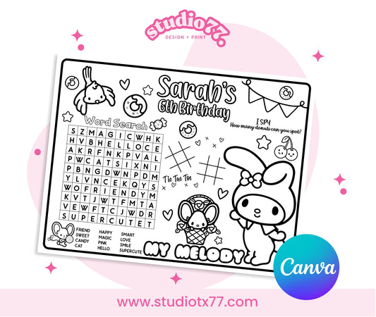 Kawaii My Melody Placemat Activity Coloring Page, Birthday Game, Party Printable Digital, melody Cute Coloring Pages